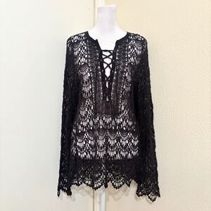 Black Metallic Crochet Knit Lace Up Tunic Long Sleeve Top Whimsigoth Blouse Boho